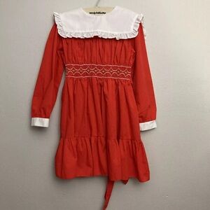 12-23 Vintage Girls Dress Red 6 Smocked Winnie The Pooh Made In USA Up To 47”